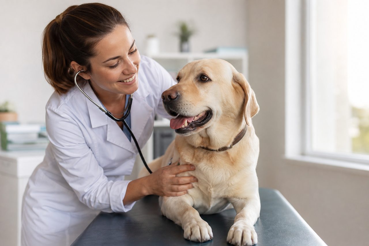 Vétérinaire auscultant un chien lors d'une consultation
